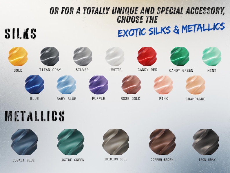 May include: A color chart displaying various bead options labeled Silks and Metallics. The Silks section includes gold, titan gray, silver, white, candy red, candy green, mint, blue, baby blue, purple, rose gold, pink, and champagne. Metallics include cobalt blue, oxide green, iridium gold, copper brown, and iron gray.