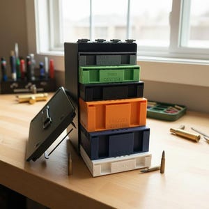 On a table is a metal ammo can outfitted with 3D printed ammo organizer trays made by the company called NewSpark Labs.  They sell ammo organizers and other gadgets on Etsy at etsy.newsparklabs.com