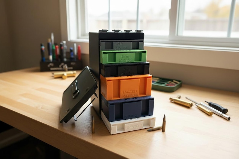 On a table is a metal ammo can outfitted with 3D printed ammo organizer trays made by the company called NewSpark Labs.  They sell ammo organizers and other gadgets on Etsy at etsy.newsparklabs.com