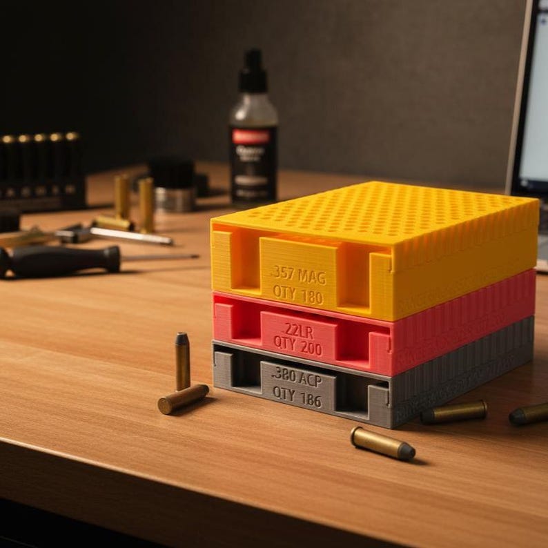On a table is a metal ammo can outfitted with 3D printed ammo organizer trays made by the company called NewSpark Labs.  They sell ammo organizers and other gadgets on Etsy at etsy.newsparklabs.com