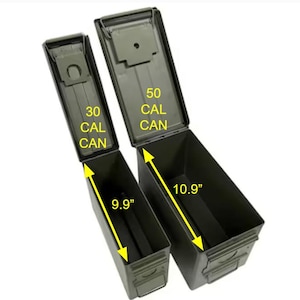 A 30 cal ammo can and a 50 cal ammo can are placed near one another, with their lids open.  The image is outfitted with text overlay indicating the long dimension of the interior volume of each respective ammo can.  The 30 cal ammo can is 9.9 inches long inside and the 50 cal ammo can is 10.9 inches long inside.  These numbers are helpful to customers that are deciding which Range Rack ammo organizers to purchase and how they may allocate the available space in the can to ammo trays.