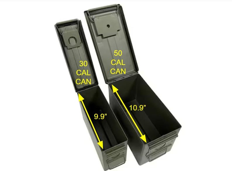 A 30 cal ammo can and a 50 cal ammo can are placed near one another, with their lids open.  The image is outfitted with text overlay indicating the long dimension of the interior volume of each respective ammo can.  The 30 cal ammo can is 9.9 inches long inside and the 50 cal ammo can is 10.9 inches long inside.  These numbers are helpful to customers that are deciding which Range Rack ammo organizers to purchase and how they may allocate the available space in the can to ammo trays.