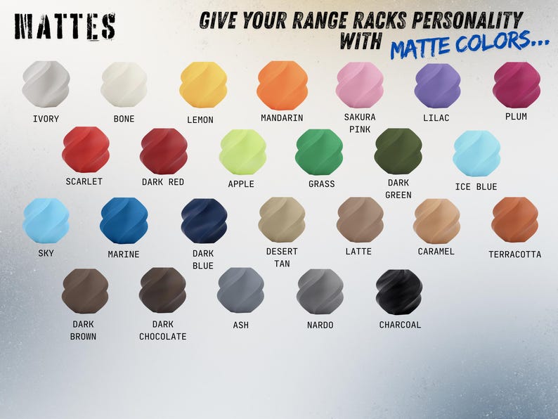 This is an image showing some Matte color options offered by NewSpark Labs.  The classic color options correspond to Matte colors of PLA.