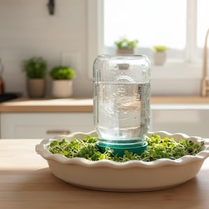 May include: A clear glass jar filled with water sits upside down on a teal plastic lid, which is placed in the center of a white ceramic pie dish filled with small green sprouts. The jar has a visible embossed design on its surface.