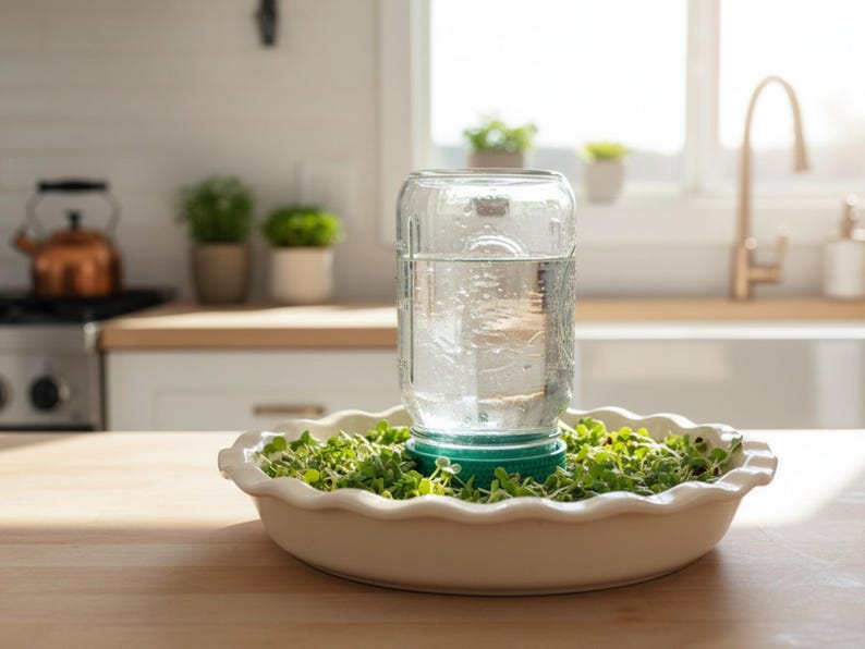 May include: A clear glass jar filled with water sits upside down on a teal plastic lid, which is placed in the center of a white ceramic pie dish filled with small green sprouts. The jar has a visible embossed design on its surface.