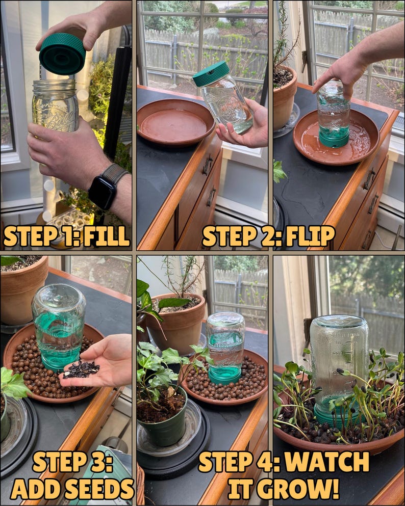 May include: A clear glass jar with a dark green plastic lid used as a plant watering and sprouting system. The six-panel image shows the process: filling the jar with water, flipping it into a terracotta tray, adding seeds, and watching sprouts grow.