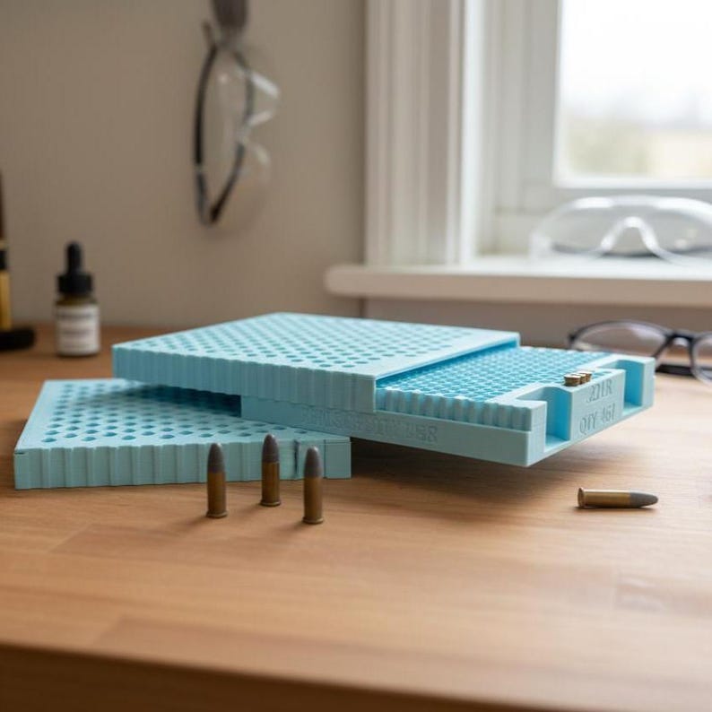 On a table is a metal ammo can outfitted with 3D printed ammo organizer trays made by the company called NewSpark Labs.  They sell ammo organizers and other gadgets on Etsy at etsy.newsparklabs.com