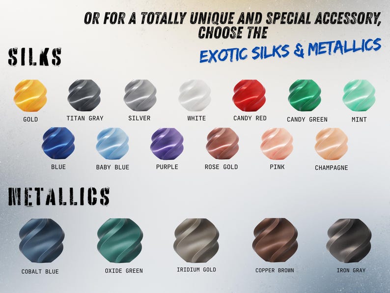 This is an image showing some Silk and Metallic color options offered by NewSpark Labs.  The classic color options correspond to Silk and Metallic colors of PLA.