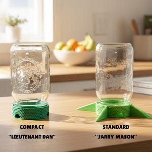 May include: Two clear glass mason jars with embossed fruit designs. The left jar, labeled COMPACT LIEUTENANT DAN, has a green circular base. The right jar, labeled STANDARD JARRY MASON, has a green base with three protruding triangular supports.