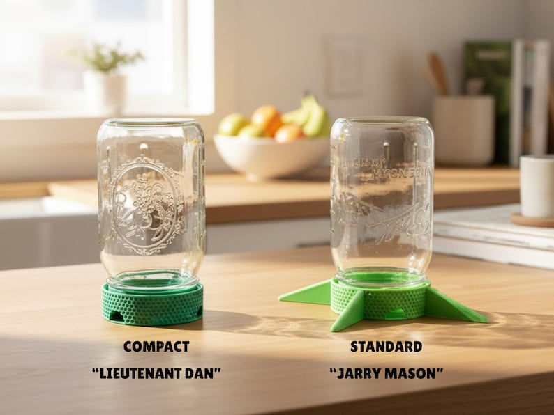 May include: Two clear glass mason jars with embossed fruit designs. The left jar, labeled COMPACT LIEUTENANT DAN, has a green circular base. The right jar, labeled STANDARD JARRY MASON, has a green base with three protruding triangular supports.