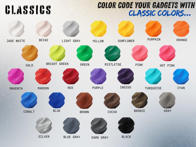 May include: A color chart displaying thirty-two small, spiraled, geometric objects in various shades. The text reads CLASSICS and COLOR CODE YOUR GADGETS WITH CLASSIC COLORS, followed by individual labels for each color including Jade White, Beige, Light Gray, Yellow, Sunflower, Pumpkin, Orange, Gold, Bright Green, Green, Mistletoe, Pink, Hot Pink, Magenta, Maroon, Red, Purple, Indigo, Turquoise, Cyan, Cobalt, Blue, Brown, Cocoa, Bronze, Gray, Silver, Blue Gray, Dark Gray, and Black.