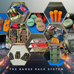 a photo collage of various 3D printed products the company sells. there are knives, battery organizers, ammo cans, ammo organizers in the shape (and size) of hockey pucks as well as handheld tubes. each product is framed by a hexagon border and the background is a futuristic stretch of lights representing warp-speed.