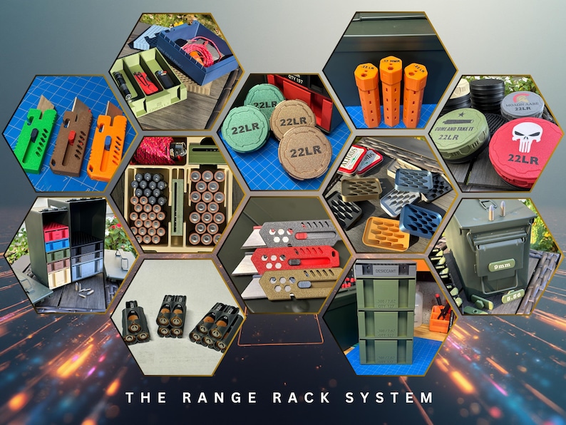 a photo collage of various 3D printed products the company sells. there are knives, battery organizers, ammo cans, ammo organizers in the shape (and size) of hockey pucks as well as handheld tubes. each product is framed by a hexagon border and the background is a futuristic stretch of lights representing warp-speed.