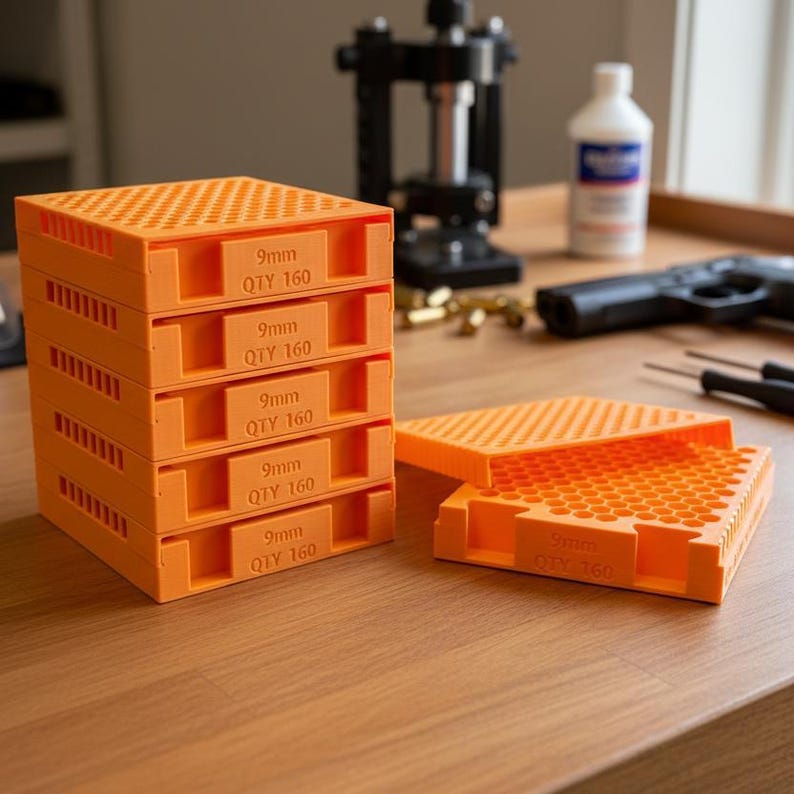 On a table is a metal ammo can outfitted with 3D printed ammo organizer trays made by the company called NewSpark Labs.  This image shows several of the same size organizers, all in color orange.  They sell ammo organizers and other gadgets on Etsy at etsy.newsparklabs.com