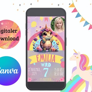 Invitation personnalisable à l'anniversaire des enfants tortue, carton d'invitation numérique avec photo, invitation e-carte pour filles, modèle Canva