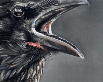 Portrait of a screaming raven, fine art print of my pastel drawing, raven picture - raven drawing, art print for raven fans