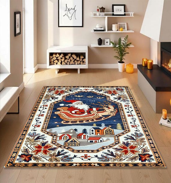 Weihnachten Santa Schlitten Teppich, Urlaub Wohnzimmer Teppich, Festliche Weihnachten Matte, Saisonale Winter Dekoration, Gemütlichen Zuhause Akzent Teppich,Dekoration Matte