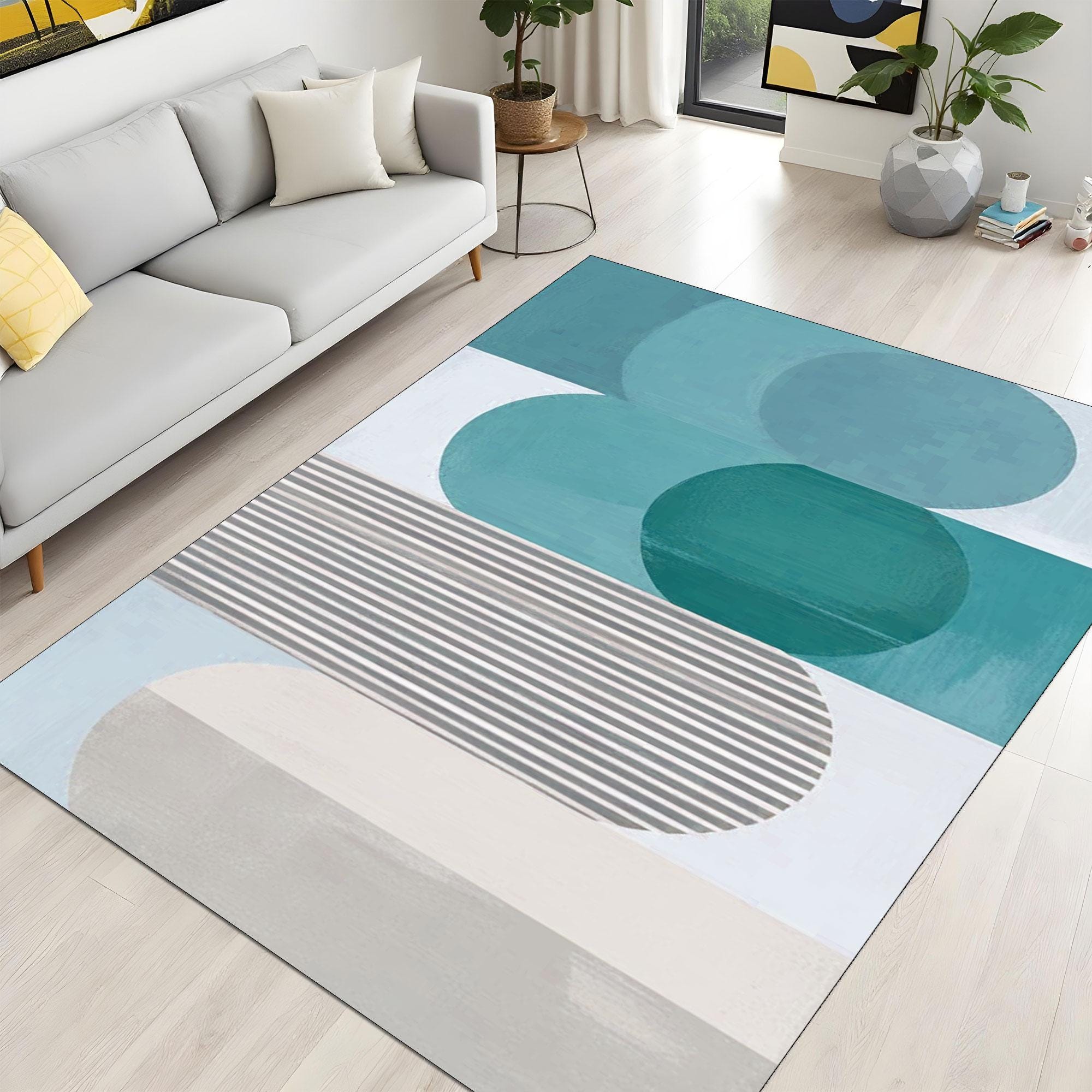 幾何学的な形をしたモダンな抽象的な青いラグ - リビングルームや