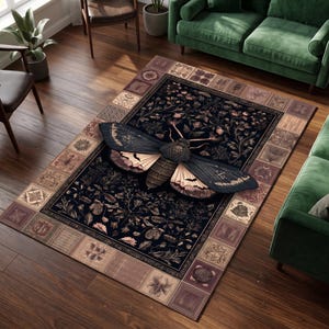 Gothic Moth Area Rug, Dark Botanical Patchwork Carpet, Entomology Dark Academia Living Room Decor, Washable Indoor Outdoor Rug