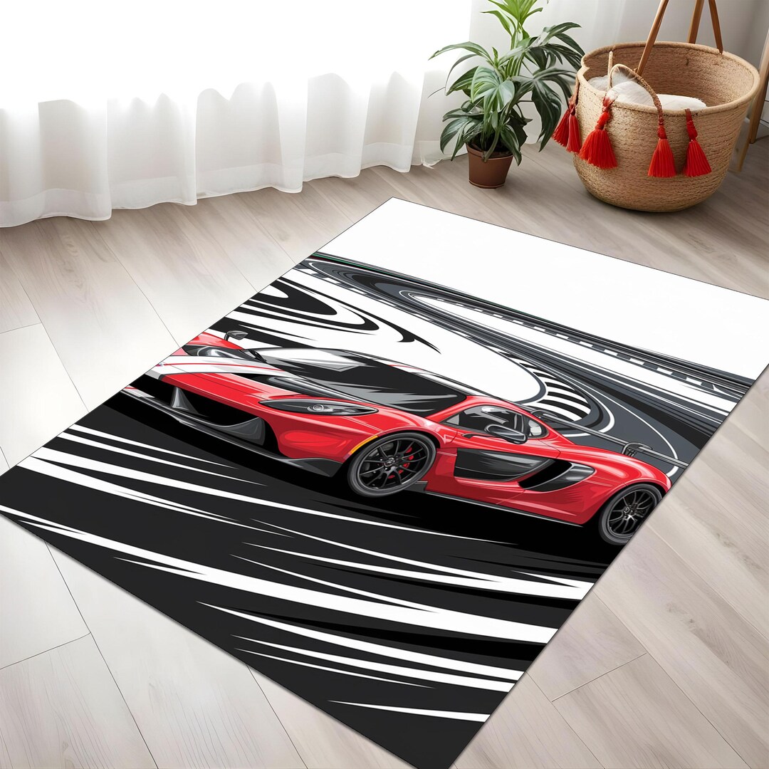 Red Sports Car Racing Rug With Black and White Track Background, Bold ...