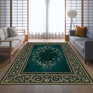 Dark Gothic Rose Area Rug With Gold Baroque Border, Elegant Black Floral Carpet For Living Room, Washable Soft Indoor Rug, Classic Romantic