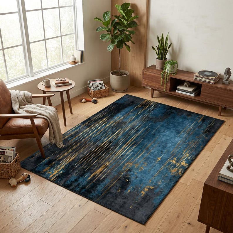 Blue and Gold Abstract Rug, Modern Navy Area Carpet, Contemporary ...