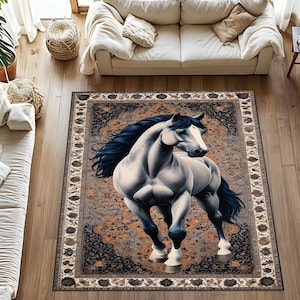 Horse Rug, Classic Animal Rug, Noble Equestrian Mat, Rustic Horse Decor Rug, Vintage Style Carpet, Elegant Horse Rug, Washable Animal Floor