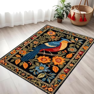 Alfombra con pájaros coloridos / Alfombra digital botánica con diseño inspirado en la naturaleza / Elegante arte floral para salas de estar e interiores creativos