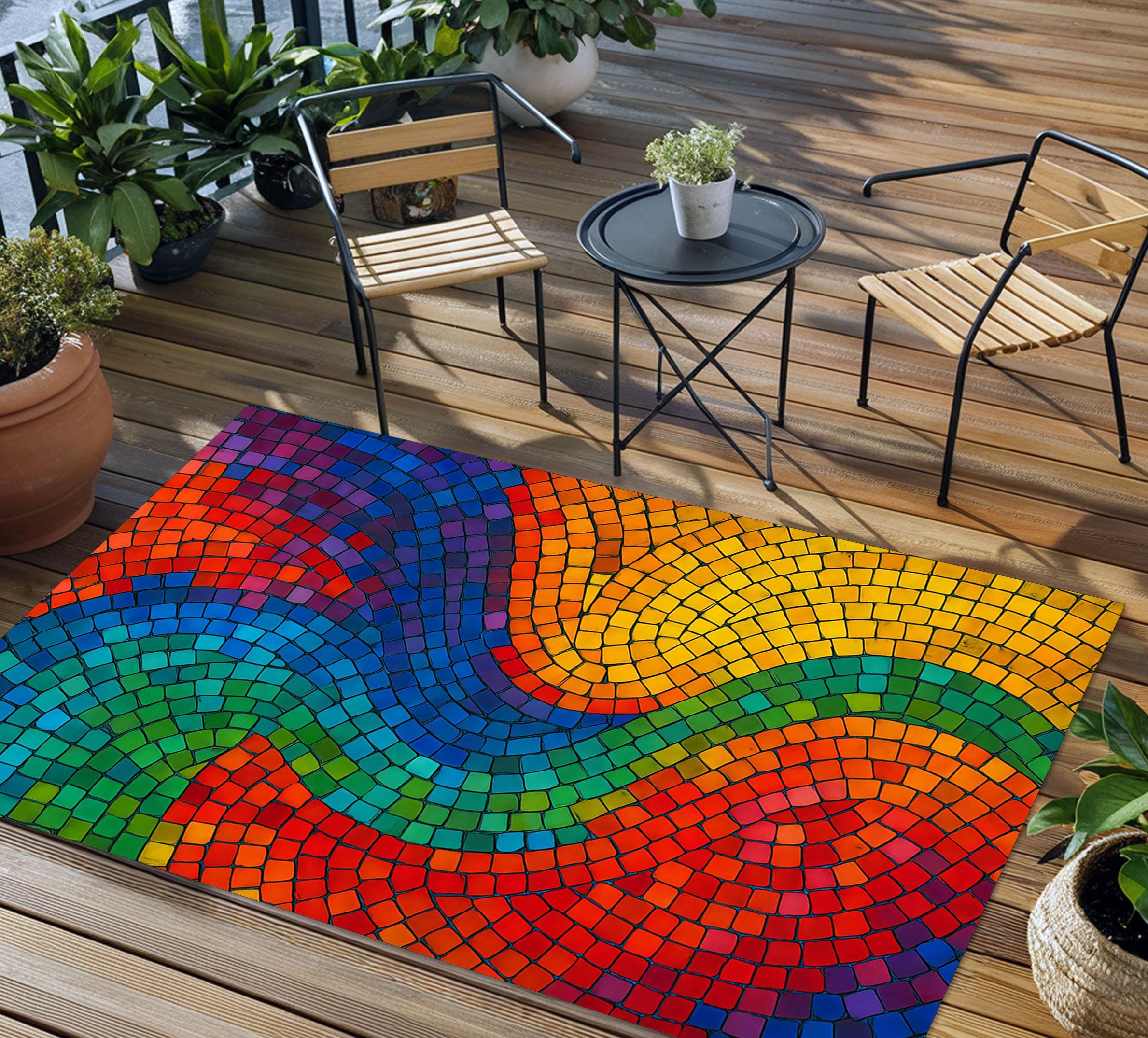 ラグ zingaro Flower Floor Mat Rainbow Rainbow Mosaic Wave Outdoor Rug: Weatherproof Patio Deck Mat - Etsy