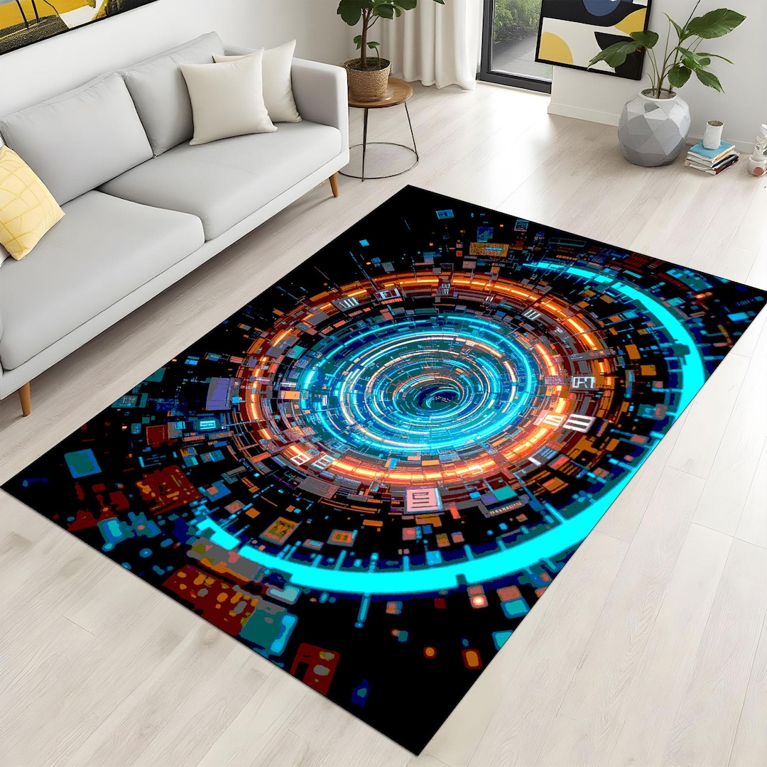 Digital Rug Neon Spiral Rug, Futuristic Carpet, Sci Fi Floor Decor, Digital Art Rug ...