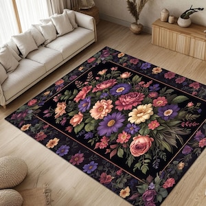 Tapis numérique bouquet de fleurs coloré | Art botanique élégant au sol | Tapis de fleurs romantique pour salon, chambre ou intérieur de studio
