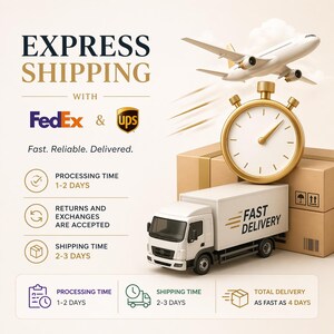 May include: A graphic featuring a white airplane flying above a gold stopwatch and a white delivery truck parked next to cardboard boxes. The text reads EXPRESS SHIPPING WITH FedEx & UPS, Fast. Reliable. Delivered., and details processing and shipping times.