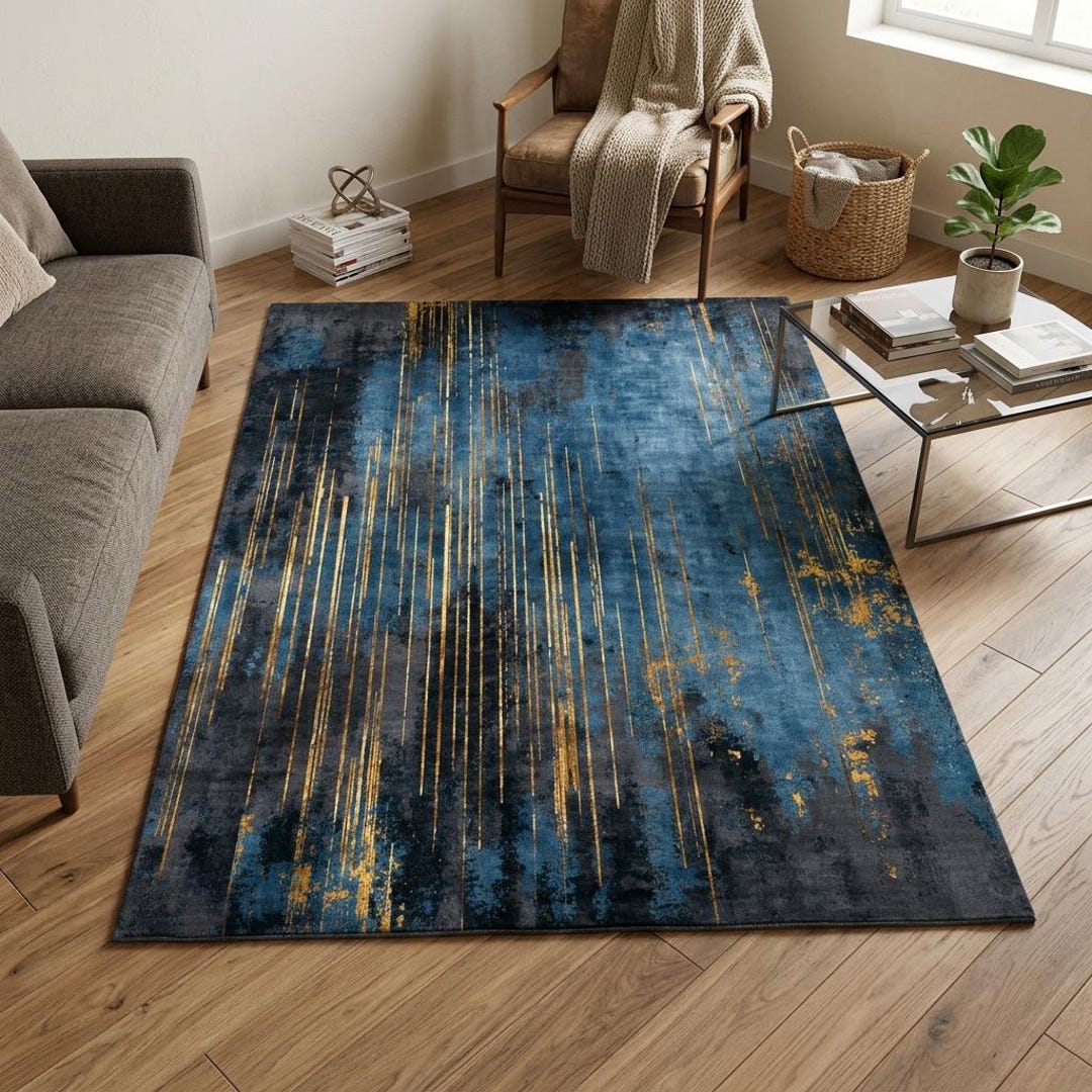 Blue and Gold Abstract Rug, Modern Navy Area Carpet, Contemporary ...