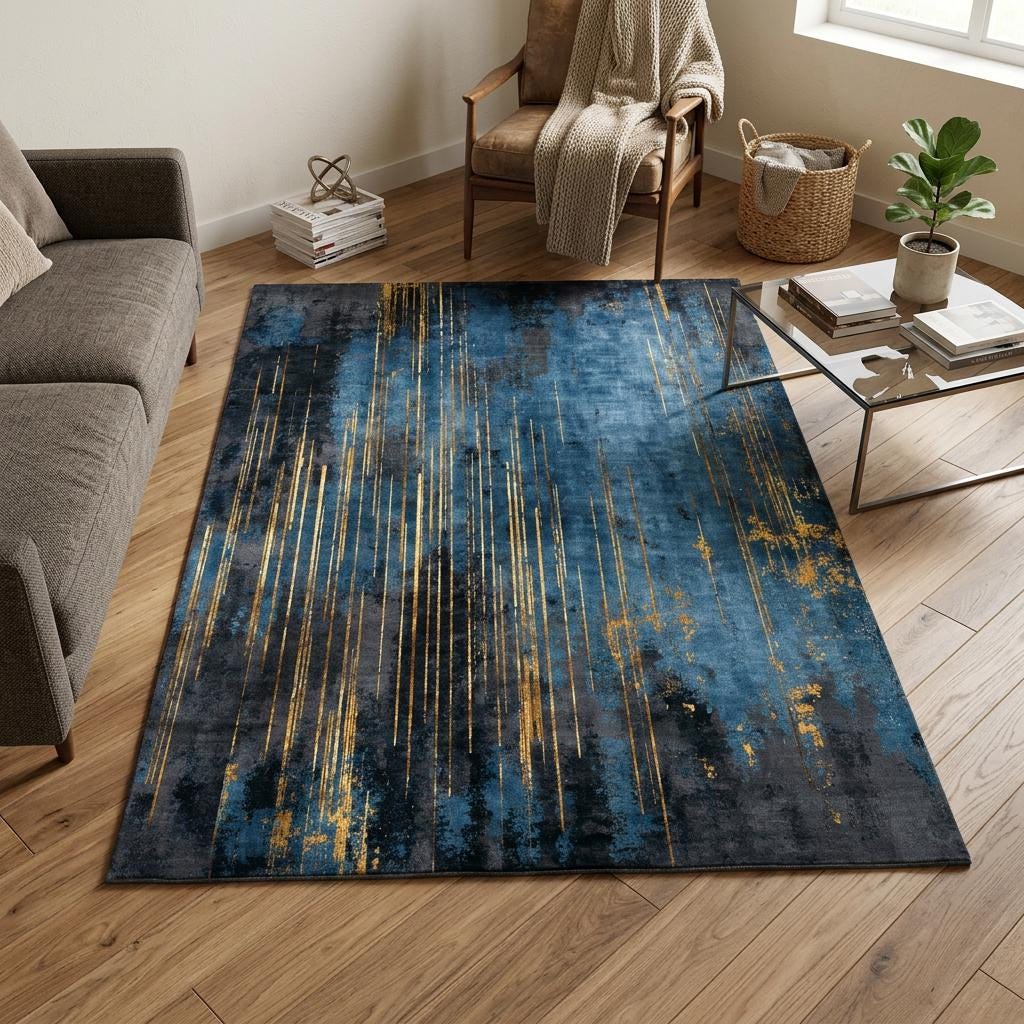 Blue and Gold Abstract Rug, Modern Navy Area Carpet, Contemporary ...