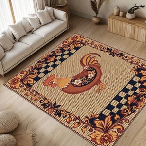 Chicken Kitchen Rug Farmhouse Rooster Carpet Rustic Checkered Floor Mat Country Floral Hen Decor Folk Art Kitchen Decor Burlap Rug