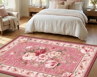 Romantic Pink Vintage Floral Rose Area Rug With Soft Botanical