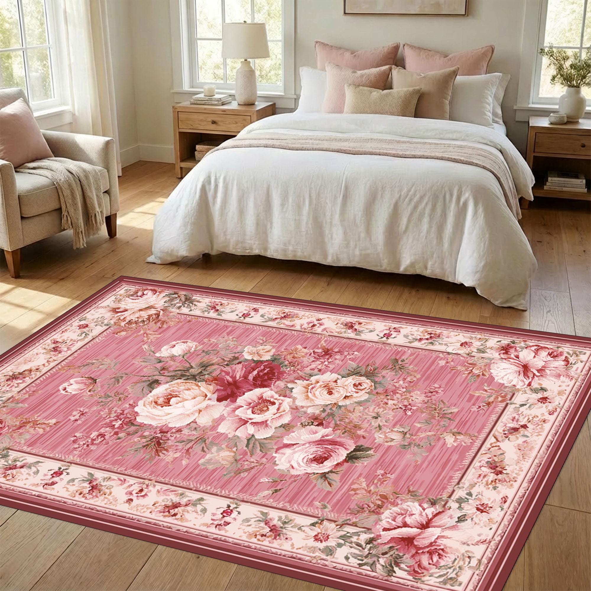 Romantic Pink Vintage Floral Rose Area Rug With Soft Botanical