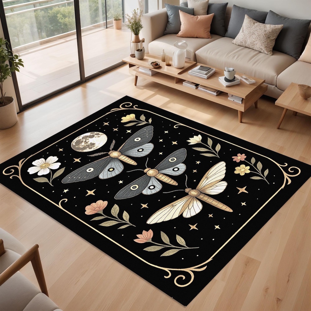 Large Moth Rug Moon Moth Rug, Black Butterfly Rug, Mystical Insect Area Rug, Witchy ...