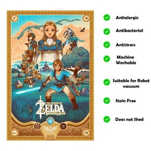 Zelda Rug, Gamer Room Carpet, Breath Of The Wild Decor,Nintendo Fan Rug For Kids Bedroom Or Playroom, Washable Video Game Area Mat Geek Gift