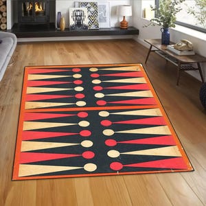 Backgammon rug, game board carpet, retro triangle rug, bold red black mat, vintage playroom rug, rustic game decor, statement floor art