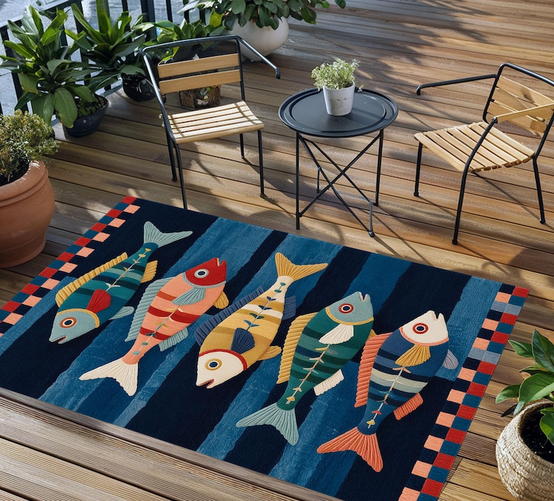 May include: A rectangular area rug featuring a dark blue background with vertical stripes and a repeating pattern of five stylized fish in shades of teal, orange, yellow, and green, bordered by a colorful checkered pattern on two sides.