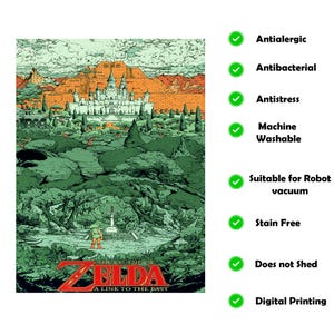 May include: A green and orange illustration of a video game scene with a castle in the background and a character standing in the foreground. The text "The Legend of Zelda: A Link to the Past" is at the bottom of the image.