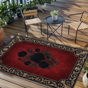 Baroque Red Black Rug, Gothic Floral Carpet With Vintage Rose Design, Soft Washable Antique Mat, Classic Living Room Or Bedroom Accent