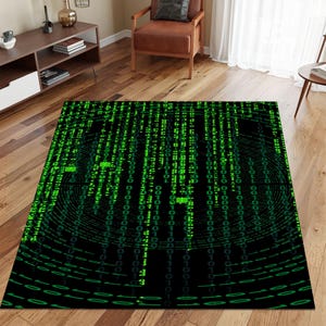 May include: A black and green rug featuring a digital pattern of binary code. The code is arranged in a circular pattern, creating a swirling effect.