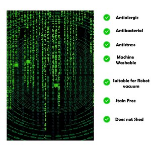 Op de afbeelding: Een zwart en groen tapijt met een digitaal patroon van nullen en enen. Het tapijt is anti-allergisch, antibacterieel, anti-stress, machinewasbaar, geschikt voor robotstofzuigers, vlekbestendig en stoot geen pluisjes af.