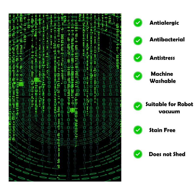 Op de afbeelding: Een zwart en groen tapijt met een digitaal patroon van nullen en enen. Het tapijt is anti-allergisch, antibacterieel, anti-stress, machinewasbaar, geschikt voor robotstofzuigers, vlekbestendig en stoot geen pluisjes af.