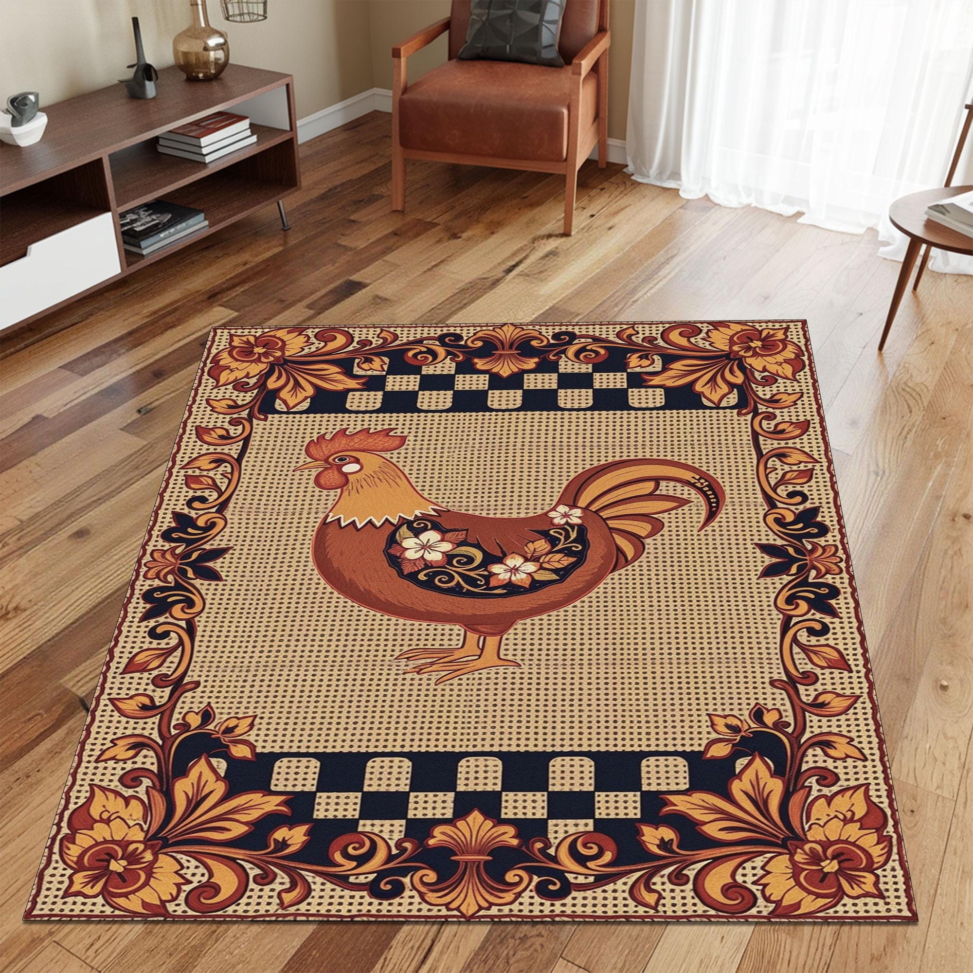 Hen Rug Chicken Kitchen Rug Farmhouse Rooster Carpet Rustic Checkered Floor Mat ...