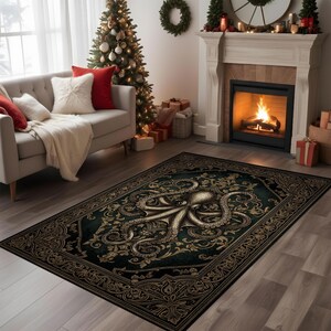 May include: A rectangular area rug with a dark teal background and an ornate gold border. The rug features a detailed gold octopus design in the center, with swirling patterns. The rug is placed in a living room setting.