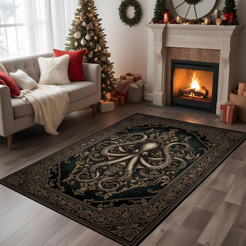 May include: A rectangular area rug with a dark teal background and an ornate gold border. The rug features a detailed gold octopus design in the center, with swirling patterns. The rug is placed in a living room setting.