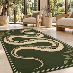 Botanisk ormmatta, olivgrön och krämfärgad ormdesign med lummiga hörn, elegant naturinspirerad vardagsrumsinredning